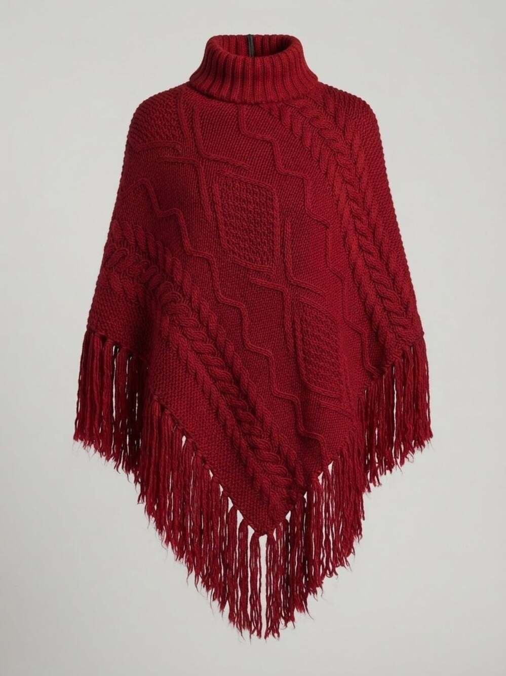 Women's Red Turtleneck Cable Knit Fringe Poncho Sweater Cape